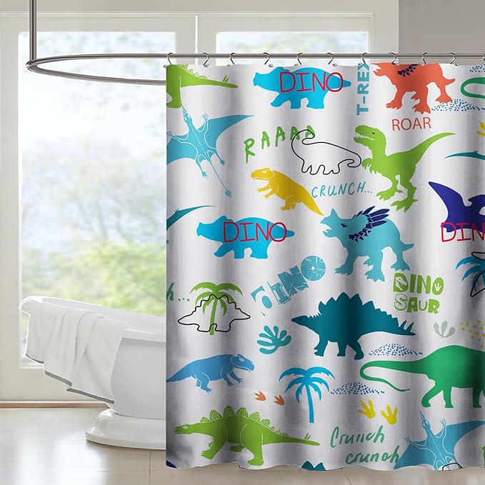 AILONEN Cartoon Dinosaur Shower Curtain for Kids Boys 72" W*72" H Inch,Colorful Dinosaur Pattern Shower Curtain,12 Pack Hooks Polyester Waterproof Fabric Decor for Bathroom