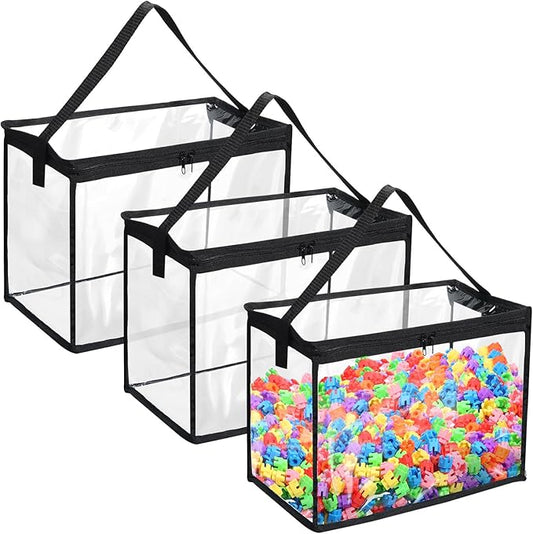 3 Pcs Toy Storage Bags with Zipper, Large Clear PVC Organizing Bags, Waterproof Toy Bags for Building Blocks, Board Games and Beach Toys Storage (Black)