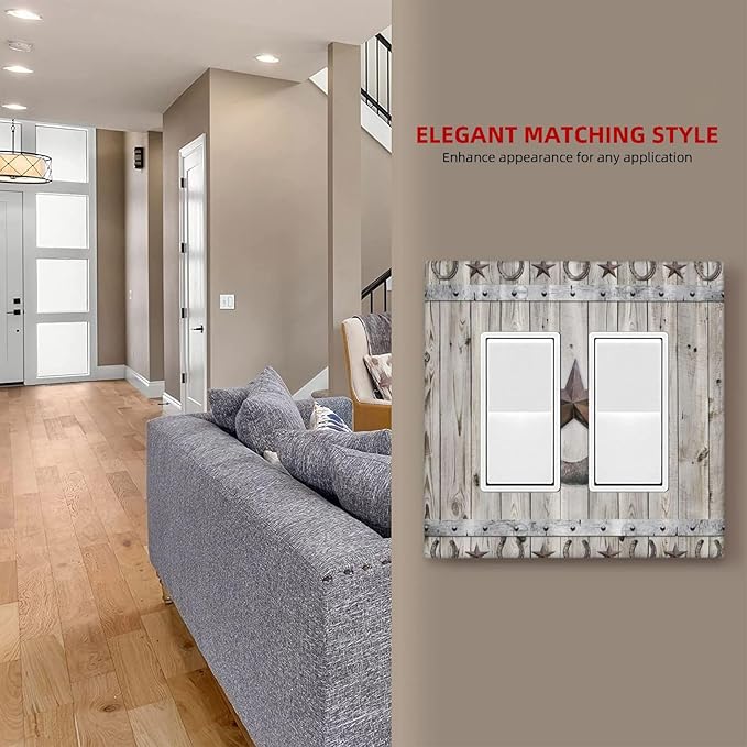 Rustic Western Wood Barn Door Horseshoe Iron Star 2 Gang Rocker Decora Light Switch Covers Dual Outlet Covers Wall Plate Decorative Switchplate Electrical Faceplate GFCI for Farmhouse Bedroom