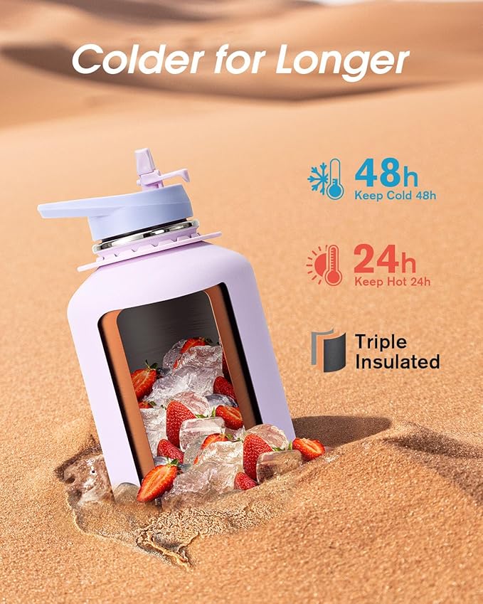 Coolflask Half Gallon Water Bottle with Strap, 64oz Insulated Water Jug Stainless Steel with Straw & Spout Lids, Metal Large Water Flask, Keep Cold 48h Hot 24h, Leak Proof & Non-BPA, Lavender