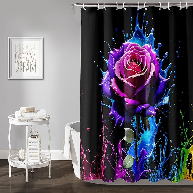 AILONEN Purple Rose Flower Shower Curtain for Bathroom,Splash-Ink Rose Bath Curtain for Kids Girls Women,Romantic Minimalism Curtain Waterproof with 12 Plastic Hooks, 36" W*72" H