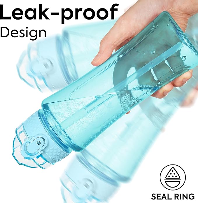 OLDLEY Kids Water Bottle with Straw 15 oz BPA-Free Leak-Proof Motivational Water Bottles with Time Marker for School Sports Travel Gym, Easy to Use for Girls Goys, 1 Straw Lid, Transparent-blue