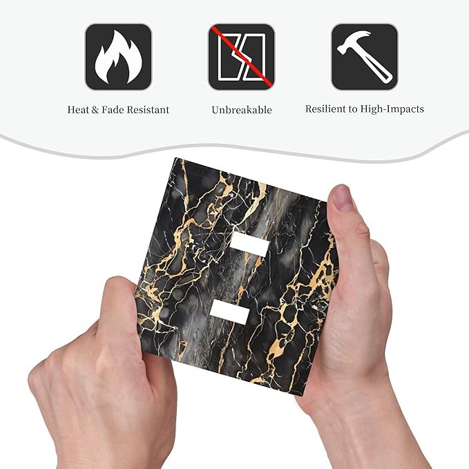 Golden Veins Marble Double Toggle Light Switch Covers 2 Gang Wall Plate Dual Decorative Switchplate Electrical Faceplate for Bathroom Country Kitchen Bedroom Decor, 4.9" x 5"