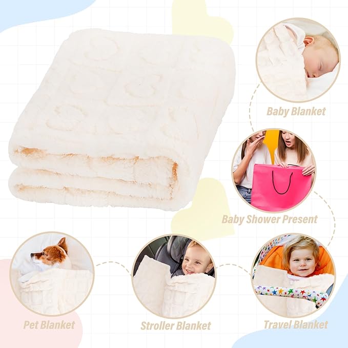 Plush Soft with Heart Checkered Baby Blanket,Fleece Infant Toddler Blankets for Girls Boys,Warm Lightweight Breathable Newborn Receiving Blankets for Crib Stroller 32"×37" (White, Heart)
