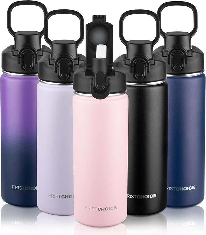 Insulated water bottle with Straw,18oz Stainless Steel Water Bottle for Adult Kids,Double Wall Vacuum Wide Mouth Insulated Water Bottle for School,BPA-free and Leak-proof（18oz,Pink）