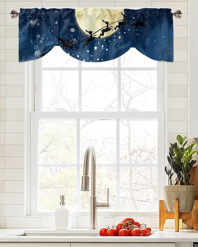 Christmas Blackout Tie Up Valance Curtains for Kitchen Windows Santa Claus Reindeer Window Toppers Balloon Shades for Living Room/Bathroom/Bedroom,1 Panel,54" X 18" Blue Snowy Night