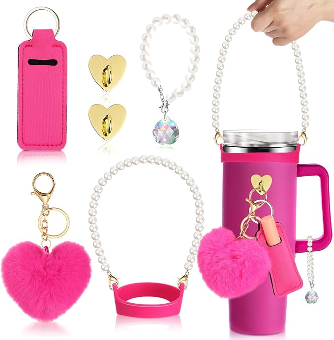 Water Bottle Accessories Set with Silicone Water Bottle Handle with Strap Hanging Charms Compatible with Stanley Cup(Rose Red)