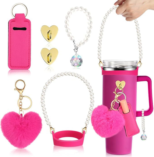 Water Bottle Accessories Set with Silicone Water Bottle Handle with Strap Hanging Charms Compatible with Stanley Cup(Rose Red)
