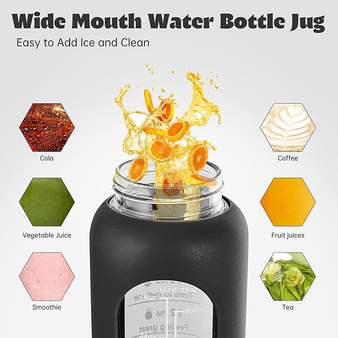 SIEROZUR 32 oz Glass Water Bottle with Straw and Handle Large Sports Motivational Water Bottle with Time Marker and 2 Lids, Leakproof Reusable Water Jug with Silicone Sleeve for Gym