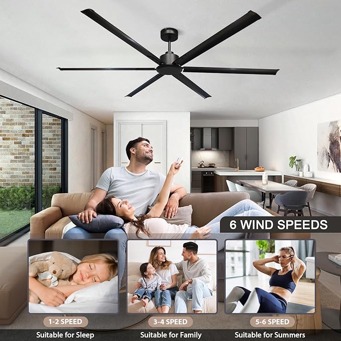 GESUM 84 Inch Ceiling Fans with Remote Control, Industrial Ceiling Fan with 6 Aluminum Blades, Reversible, 6-Speeds, Large Ceiling Fan for Porch/Garage/Shop (Black)