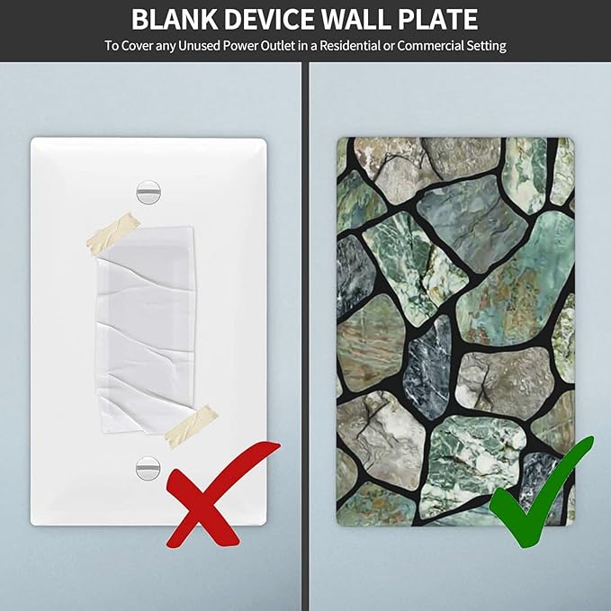 Green Stone Texture Single Blank Switch Wall Plate Cover Outlets Decorative 1-Gang for Electrical Room Bathroom Bedroom Home Kitchen One Receptacle Polycarbonate Power Gear 4.5" x 2.76"