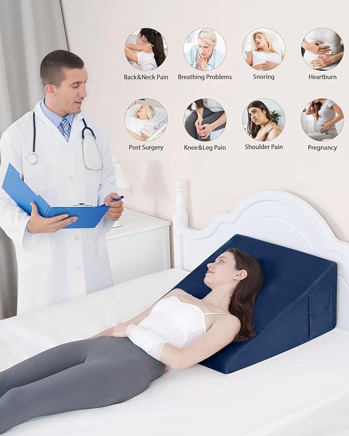 Wedge Pillow for Sleeping, 12 Inch Bed Wedge Pillow for After Surgery, Acid Reflux, Memory Foam Top Triangle Pillow Wedge for Head, Back, Leg with Machine Washable Cover-Blue