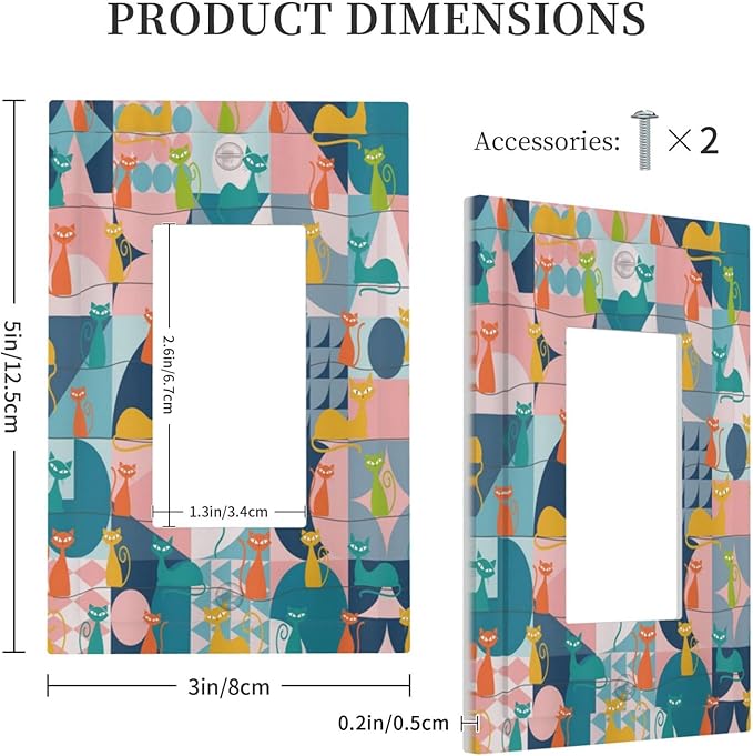 Mid Century Modern Atomic Cute Cats 1 Gang Rocker Light Switch Covers Single Decora Outlet Wall Plate Decorative Switchplate Faceplate GFCI for Kidroom Nursery Bedroom Decor