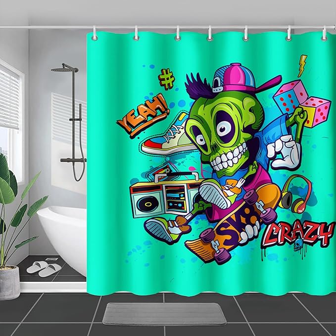 AILONEN Skate Skull Shower Curtain for Bathroom,Green Hip Hop Sport Skull Art Bathroom Curtain for Kids Girls Teen,Bath Curtain 72" W*84" H Polyester Waterproof Bathroom Curtain with 12 Hooks