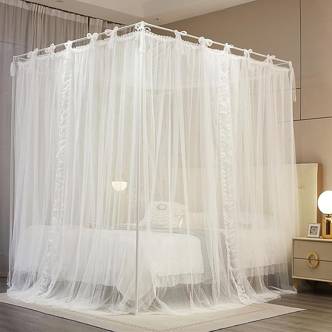4 Corners Post Princess Curtain Bed Canopy Lace Up Double Layer 4 Opening Mosquito Net Mesh for Girls Bedroom Decoration(White, 78" W*86" L*82" H/King)