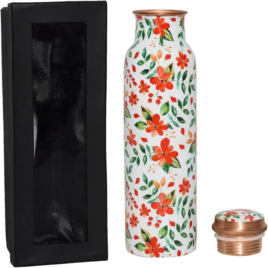 Copper Ayurveda Copper Water Bottle for Drinking – Travel Water Bottle for Gym, Yoga, Office, Hiking, Outdoor – with Lid (Yellw Pink floral) (White floral)