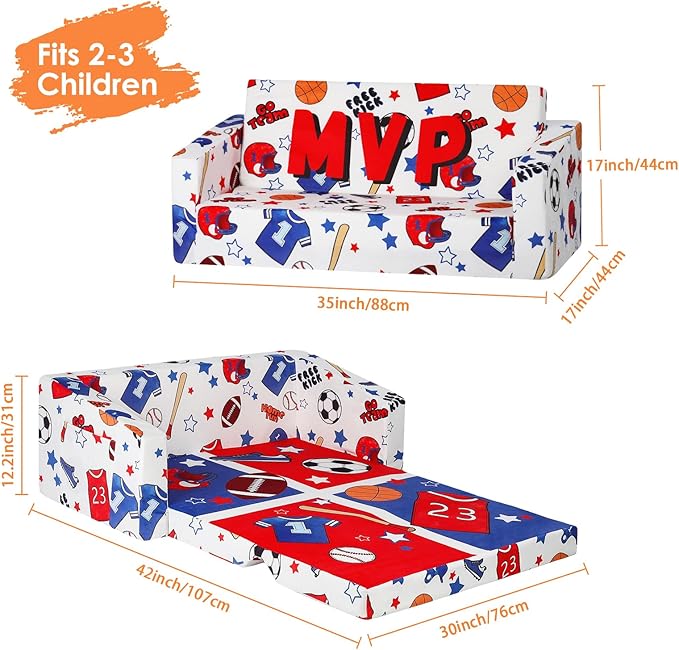 Foldable Kids Sofa Couch 2 in 1 Children Convertible Sofa to Lounger Flip Open Toddlers Sofa Bed,Extra Wide Soft Lightweight for Bedroom Livingroom Playroom