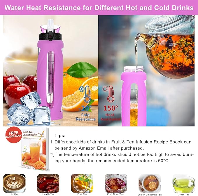 GOPPUS Glass Water Bottles with Straw and Flip Lid, Motivational Water Bottles with Time Marker Reminder and Silicone Sleeve, Leakproof, BPA Free (32 oz, Purple)