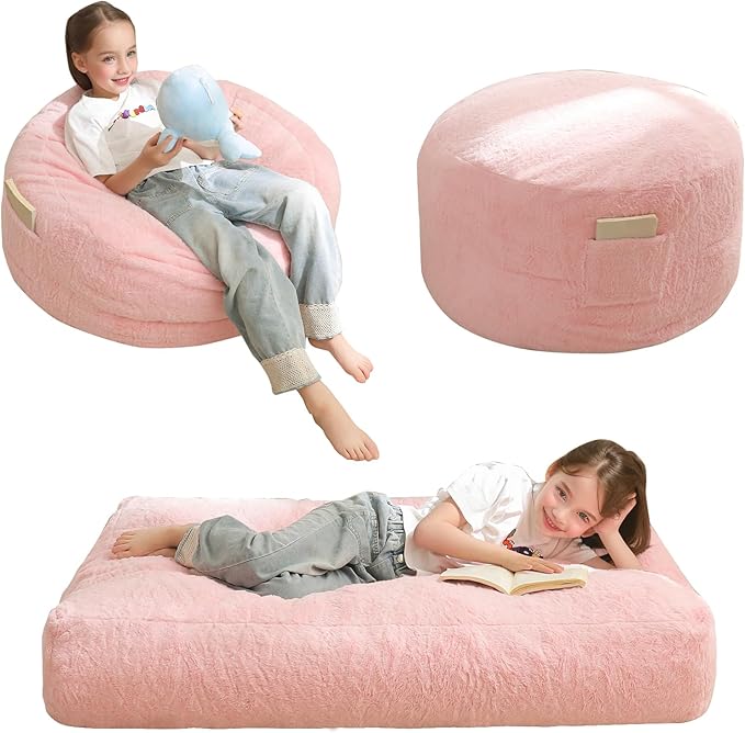 MAXYOYO Bean Bag Chair Bed for Kids, Convertible Bean Bag Folds from Lazy Chair to Floor Mattress Bed, Stuffed Floor Sofa Couch Sofa Bed for Boys and Girls, High-Density Foam Filling, Pink
