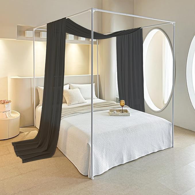 AIKASY Black Bed Canopy Scarf for Full/Queen - Luxury Sheer Canopy Bed Curtains with Light - Suitable for Four-Poster Bed, Metal Bed Frame, Wood Bed Frame -1pic