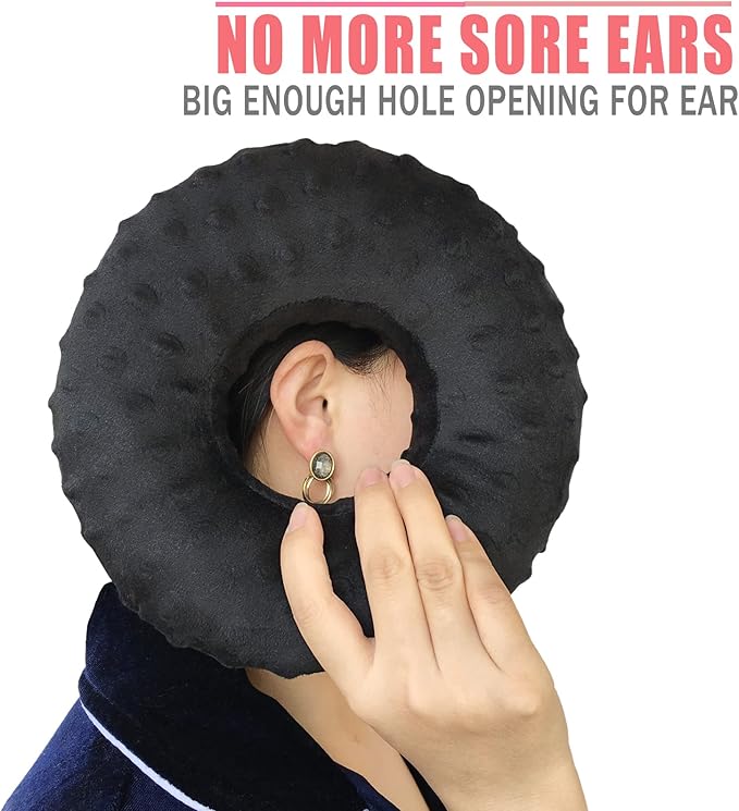 Ear Hole Piercing Pillows for Ear Pain Side Sleeping CNH Pillow Pressure Sore Pain Relief Ear Guard Protector Lifesaver Tinnitus Support Neck Head, Minky Dot Black