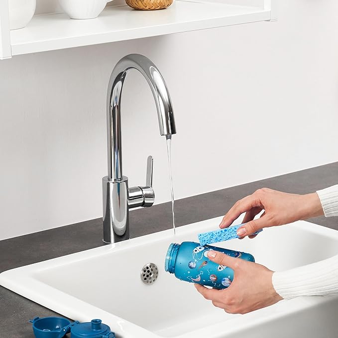 ION8 Small Water Bottle, 350 ml/12 oz, Leak Proof, Easy to Open, Secure Lock, Dishwasher Safe, BPA Free, Carry Handle, Flip Cover, Easy Clean, Odor Free, Carbon Neutral, Deep Teal, Space Travel Design