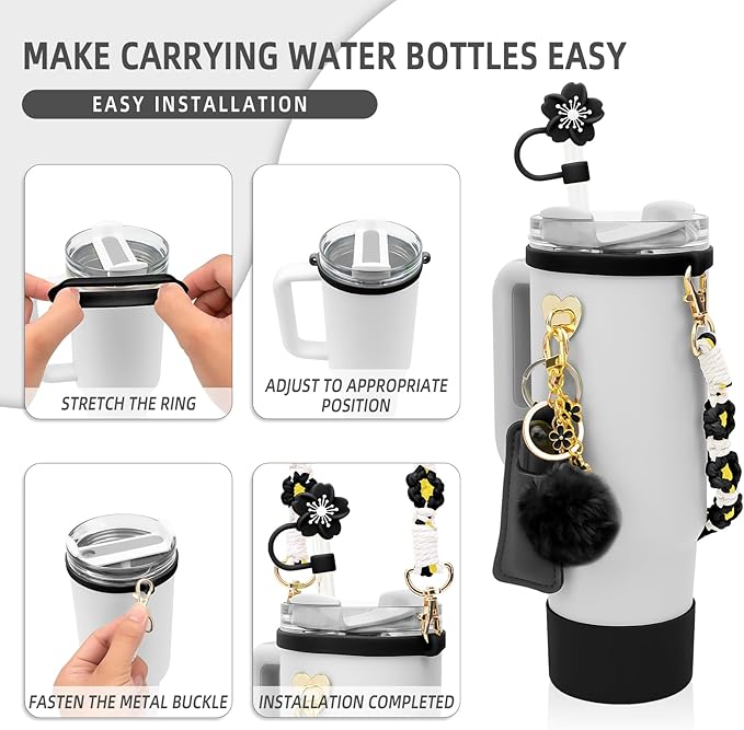 Stanley Cup Accessories Set Including 1 Pcs Water Bottle Handle Strap, 1 Pcs Siliocne Straw Cover, 1 Pcs Siliocne Stanley Cup Boot, 3 Pcs Stanley Charms for Stanley Cup 40oz & 30oz Tumbler - Black