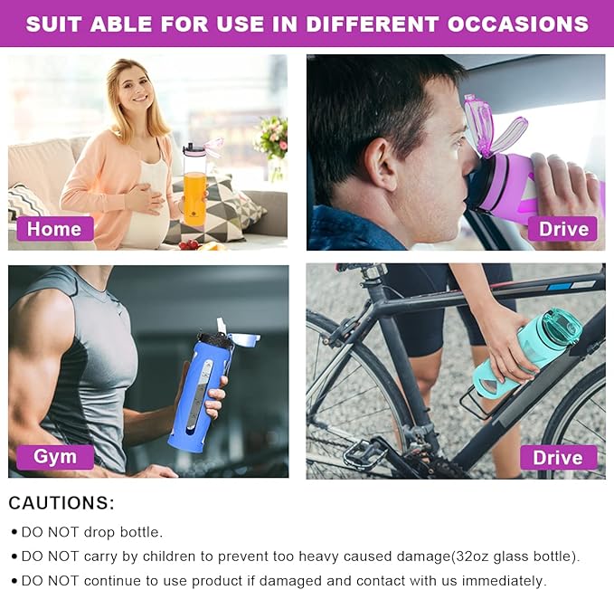 GOPPUS Glass Water Bottles with Straw and Flip Lid, Motivational Water Bottles with Time Marker Reminder and Silicone Sleeve, Leakproof, BPA Free (32 oz, Purple)