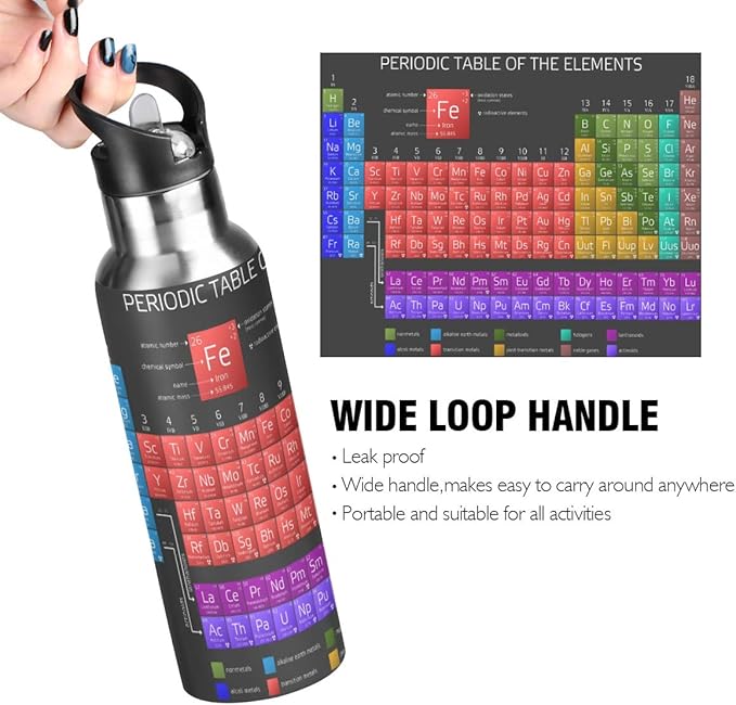Periodic Table Water Bottle with Straw Lid for Fitness Gym Camping Outdoor Sports, Wide Mouth Vacuum Insulated 18/8 Stainless Steel, 22 oz
