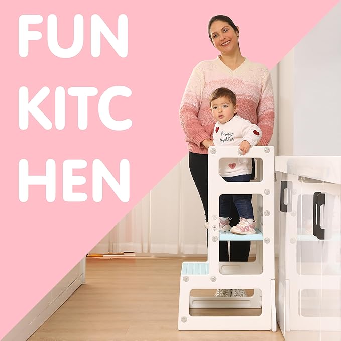 SDADI Mother's Helper Adjustable Height Plastic Kitchen Step Stool for Children, Kids Toddlers Counter Level Learning Stool for Kitchen & Bathroom,Beige and Blue