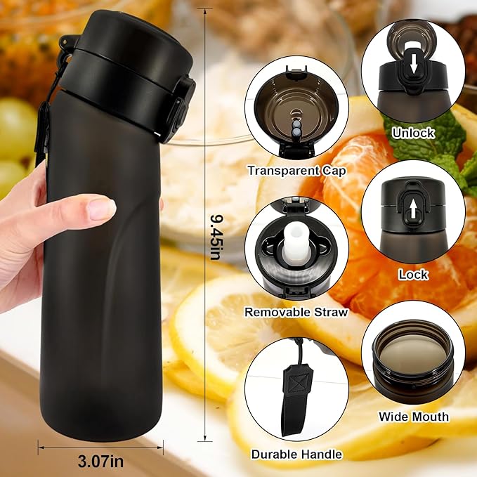 Air Water Bottle, Air Water Bottle with 5 Flavor Pods,750ml Scented Sports Water Bottle Set with Flavour Pods, 0 Sugar No BPA for Schools, Gym, Outdoor Sports (Black)