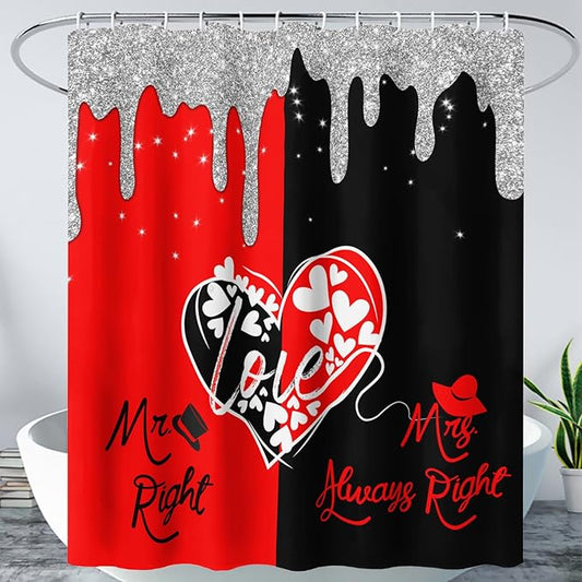 AILONEN Mr Mrs Black and Red Shower Curtain,Love Hearts Pattern Mr Right Mrs Always Right Theme Bath Curtain,Modern Print Decoration Waterproof Shower Curtain with 12 Plastic Hooks, 48" W*72" H