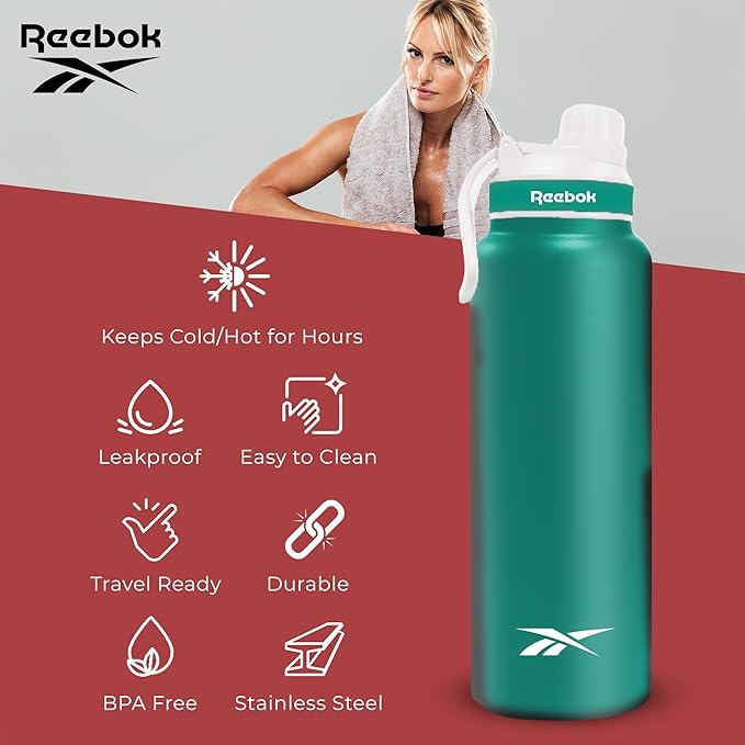 Reebok Athletic Stainless Steel Water Bottle - Insulated Water Bottle 32 oz With Chug Lid - Double Wall Vacuum Insulated Sports Water Bottle, BPA Free