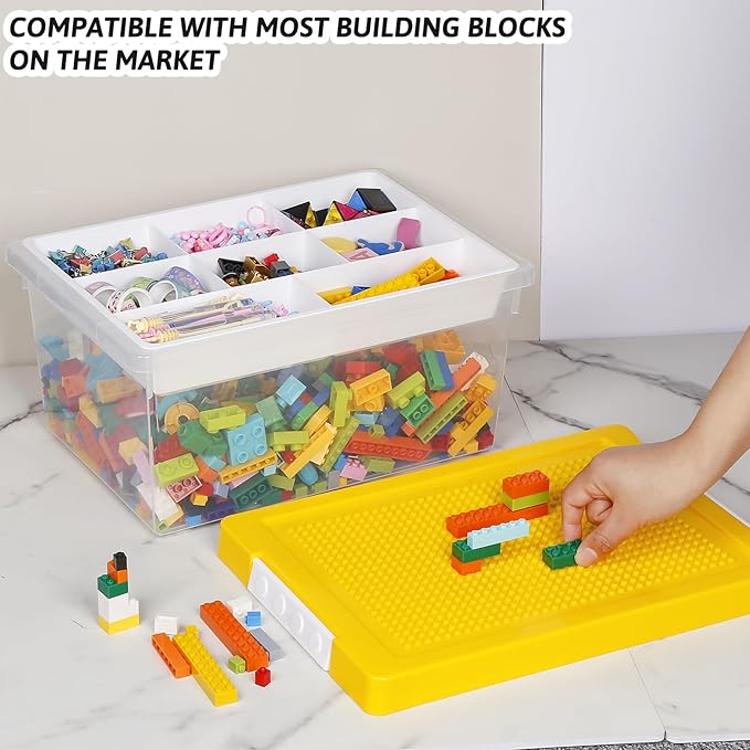loobuu Plastic Storage Bins with Lids - 1 Set Stackable Arts Crafts Organizer Box with Removable Divided Tray &Compatible Building Baseplate,Toy Chest Containers for Bricks-Yellow(14.37"x9.64"x6.69")