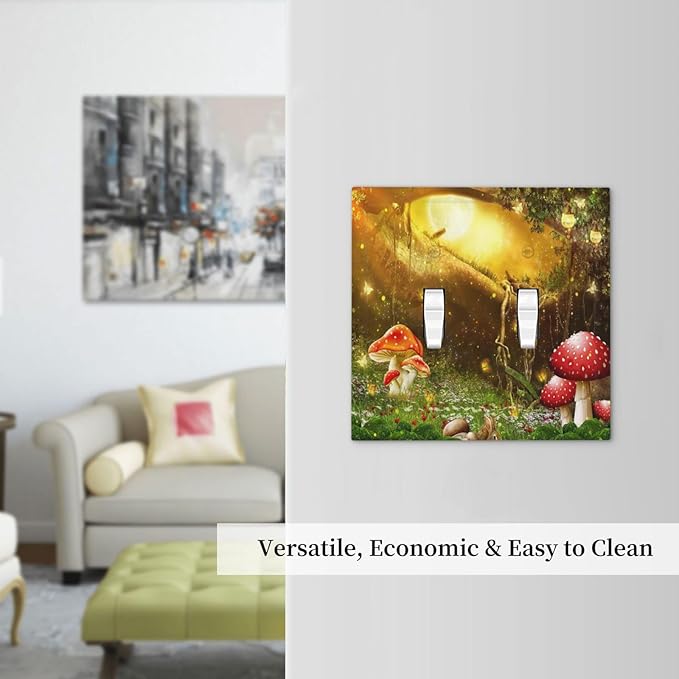Red Mushroom Forest Fairy Moon Butterfly Double Toggle Bohemian Light Switch Covers Decorative 2 Gang Wall Plate Dual Electrical Faceplate Switchplate for Kidroom Nursery Decor