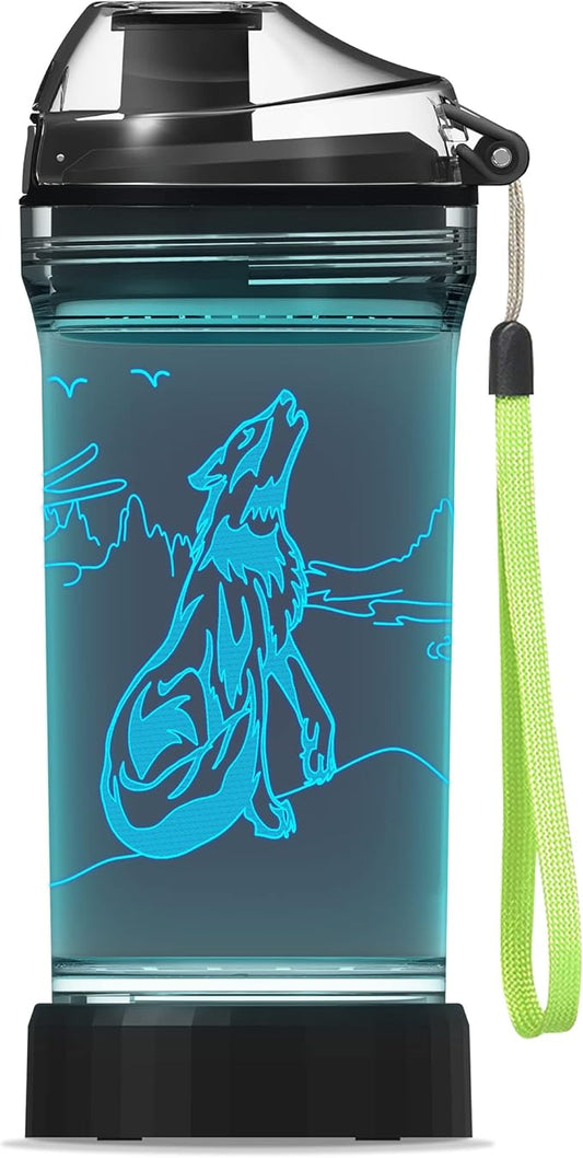 Kids Water Bottle with 3D Glowing Wolf LED Light - 14 OZ Tritan BPA Free - Creative Ideal Travel Cup Wolf Gift for School Kid Boy Child Holiday Camping Picnic