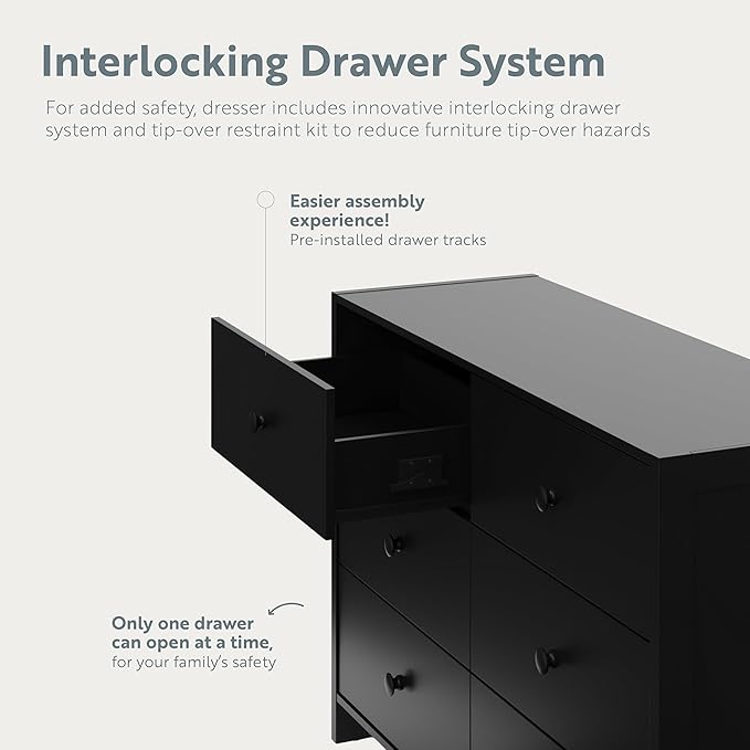 Storkcraft Calabasas 6 Drawer Dresser (Black) - GREENGUARD Gold Certified, 6 Drawer Dresser with Interlocking Drawer System, Dresser Drawer Organizer for Kids' Bedroom