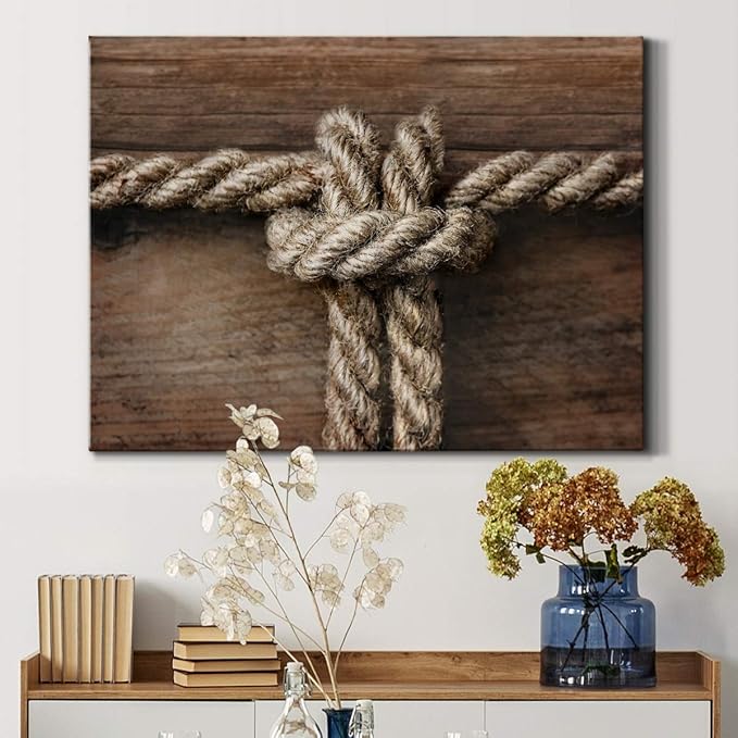 Renditions Gallery Canvas Nautical Wall Art Modern Decorations Paintings Rope Closeup Knot Abstract Vibrant Wooden Maritime Sailor Artwork Prints for Bedroom Office Kitchen - 32"x48" LT33
