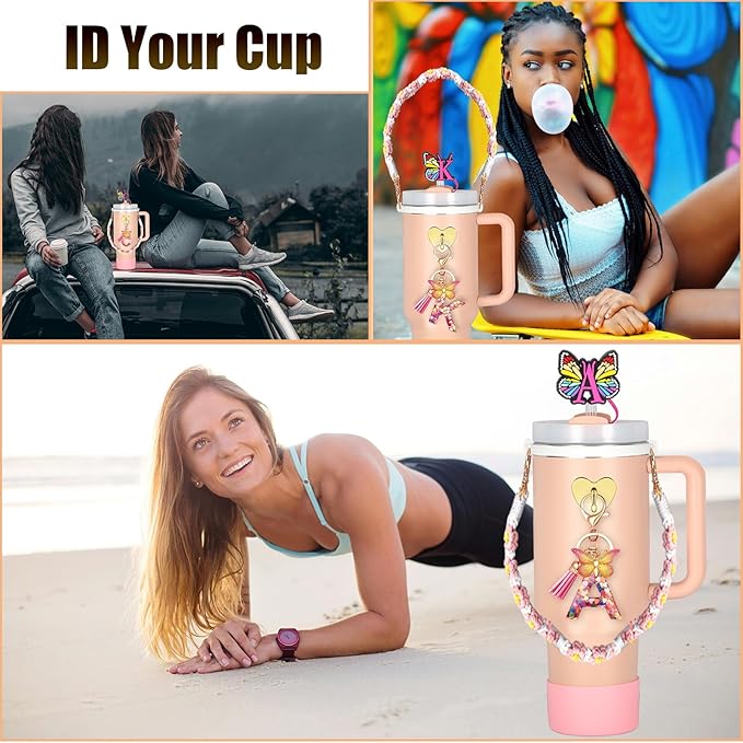 SPORCLO Stanley Cup Accessories Include Silicone Stanley Straw Cover, Butterfly Letter Keychain Charms, Water Bottle Handle Strap, Boot and Chain for Stanley Cup 30oz 40oz Tumbler