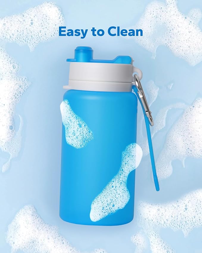 Collapsible Water Bottle, Foldable Water Bottle for Travel & Collapsable Water Bottle with Clip for Backpack, Portable Silicone Water Bottle, Collapse Water Bottle for Travel (20oz, Blue)