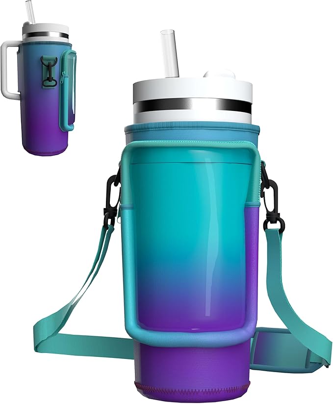 Water Bottle Carrier Bag with Phone Pocket for 40oz Tumbler with Handle, Adjustable Strap Neoprene Water Bottle Sleeve Pouch for Hiking Camping Travelling. (Purple)
