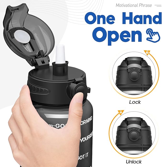 Water Bottles 1 / Half Gallon with Time Marker and Straw, Large Fitness Sports Motivational Bottle, Wide Mouth Leakproof and BPA Free for Travel, Gym,office,school