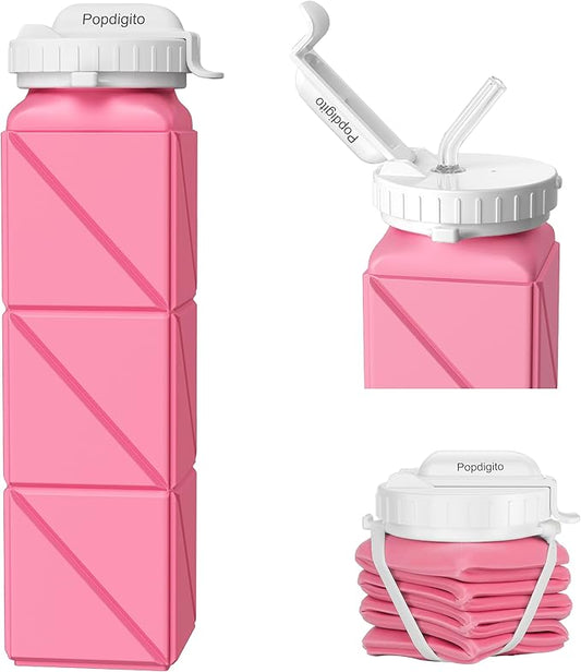 Collapsible Water Bottles,BPA-Free Leak-Proof Silicone Foldable Water Bottle Cup 20.6oz,Durable Lightweight Bottle for Gym Travel Camping Hiking Running (Type2 Pink)