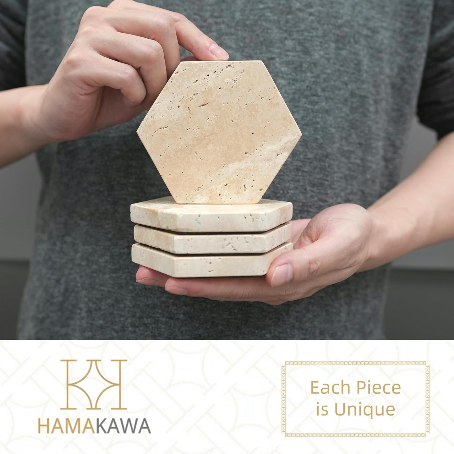 Real Natural Marble Coasters Set of 4, Vintage Stone Coasters 4 Inch, Hexagon Travertine Drink Coaster for Coffee Table, Living Room, Office Decor