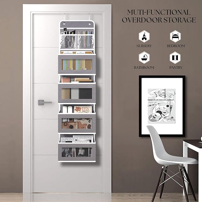 Heavy Duty Over Door Organizer, Wall Mount Hanging Organizer Storage with 4 Large Capacity Pockets, Closet Bathroom Nursery Bedroom Dorm, Toys Cosmetics Sundries and Baby Essentials, Gray
