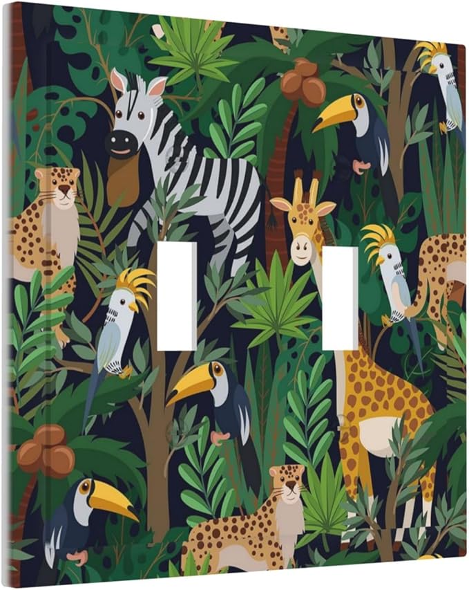 Cartoon Animal Zebra Leopard Giraffe Bird Leaf Double Toggle Nursery Light Switch Covers Decorative 2 Gang Wall Plate Dual Electrical Faceplate Switchplate for Kidroom Living Room Decor