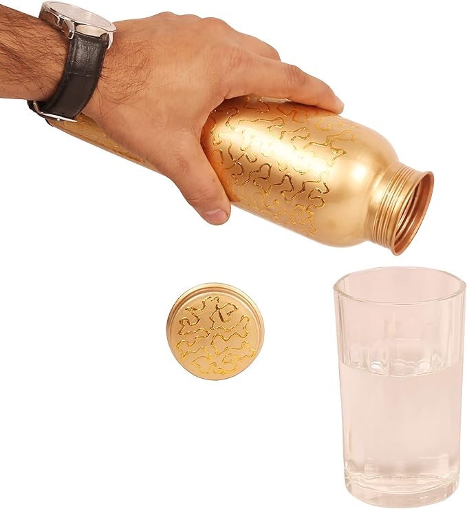 Pure Copper Water Bottle - Handcrafted - Ayurveda health benefits - L- 35 oz - Leak proof - Easy to carry for Sports, Fitness, Yoga, School - Natural Copper Finish Golden Glade Pattern