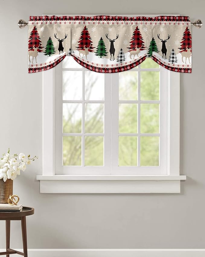 Farmhouse Christmas Blackout Tie Up Valance Curtains for Kitchen Windows Rustic Plaid Christmas Tree Snowflakes Window Toppers Balloon Shades for Living Room/Bathroom/Bedroom,42" X 12" Red Green Black