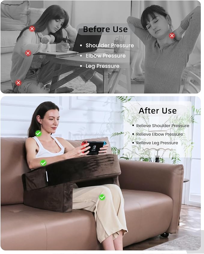 Weighted Idea Reading Pillow for Gaming, Extra Large Arm Rest Pillow for Adult，Lap Desk Pillow Gaming Pillow with 2 Side Pockets for Gaming, Reading, Working Sitting in Bed Floor Sofa (Brown)