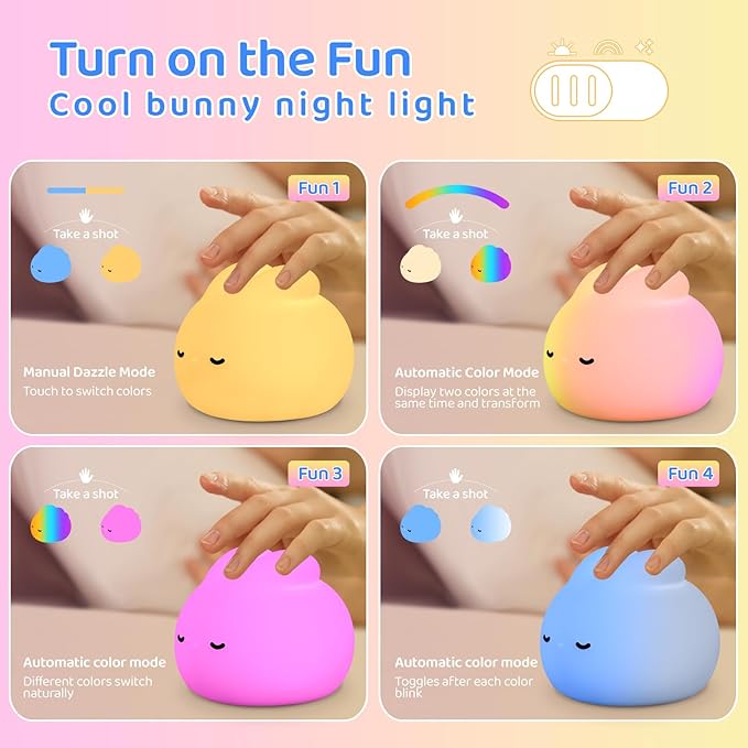 Night Light for Kids,Nursery Night Light,7 Color RGB and 3 Levels of Dimming, Rechargeable Cute Silicone Night Light, Cute Room Decoration, Gifts for Kids,Cute Bunny Night Light